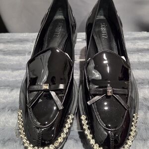 Schutz Black Patent Leather Loafers with Rhinestone Detail